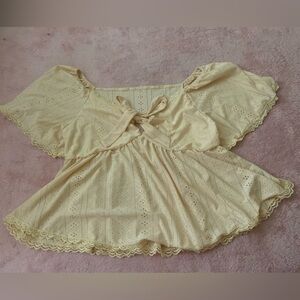 SHEIN Curve Pale Yellow Eyelet Tie-Front Top